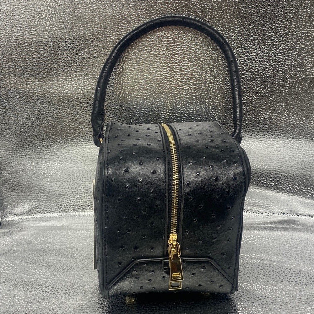 NWT Le Miel Handbags Black Vegan Leather Ostrich Top Handle Cube